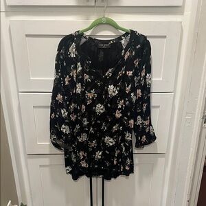 Lane Bryant Black Floral Peasant Top with Pink and Cream Blooms